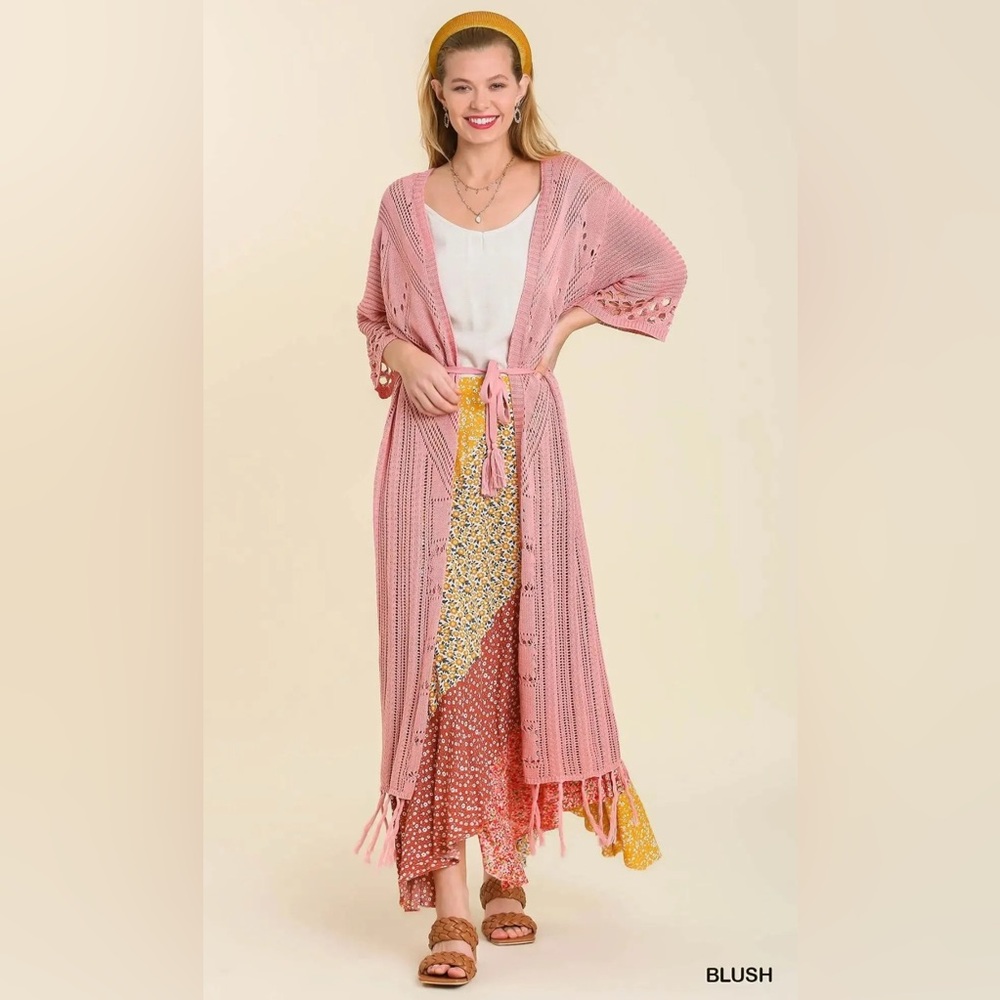 Umgee Blush Knit Duster with Fringe